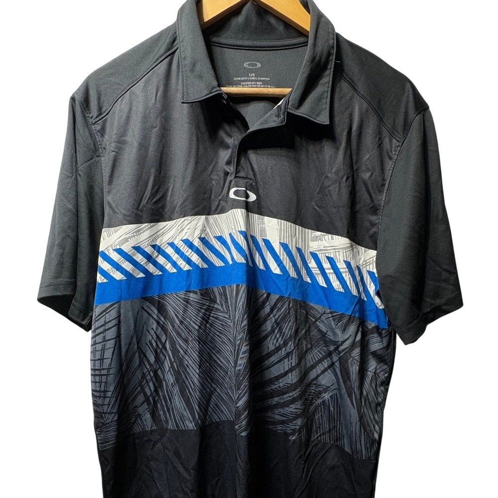 Oakley Regular Fit Polo Shirt Mens Large Black Blue Graphic Stripe Polyester